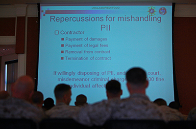 Camp Lejeune - Marines with 2nd Marine Logistics Group view a slide about personally identifiable information during a class aboard Camp Lejeune, N.C., March 18, 2013. The 2nd MLG held the training to address ongoing security threats that could pose a threat to sensitive information handled by its members.