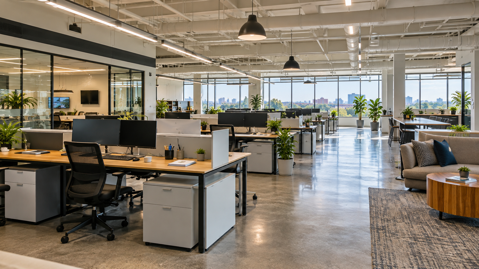 Wide view of a contemporary open-plan office workspace