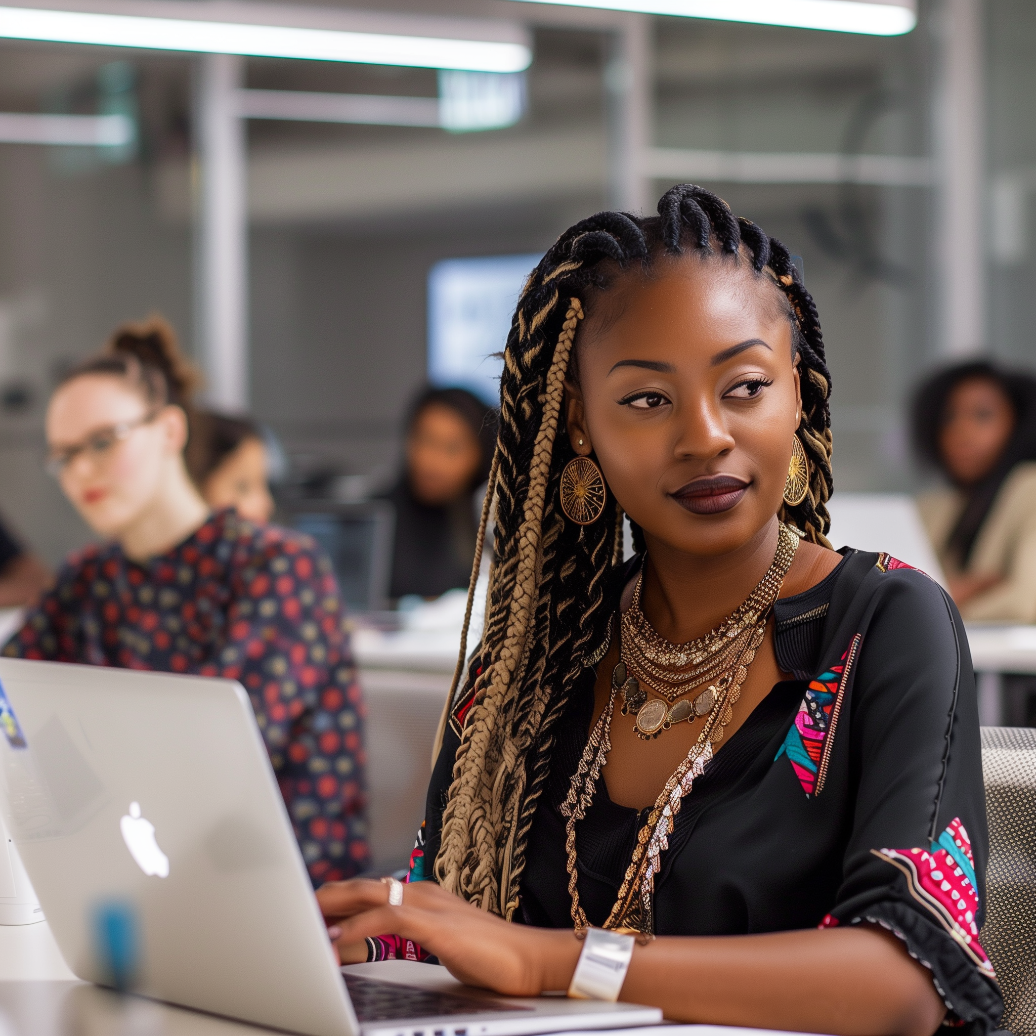 A focused Black woman with long braided hair and stylish jewelry, working on a laptop in a office setting, with other coworkers in the background.