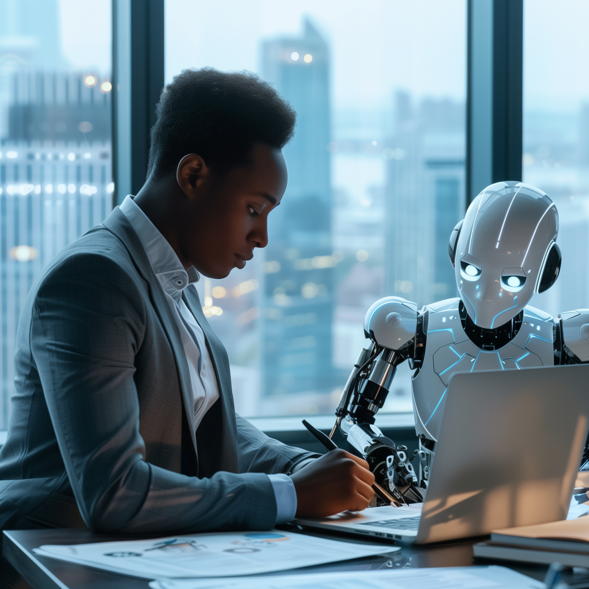 A black technical writer working alongside an AI writing assistant in a modern corporate office. The window behind the writer shows city buildings.