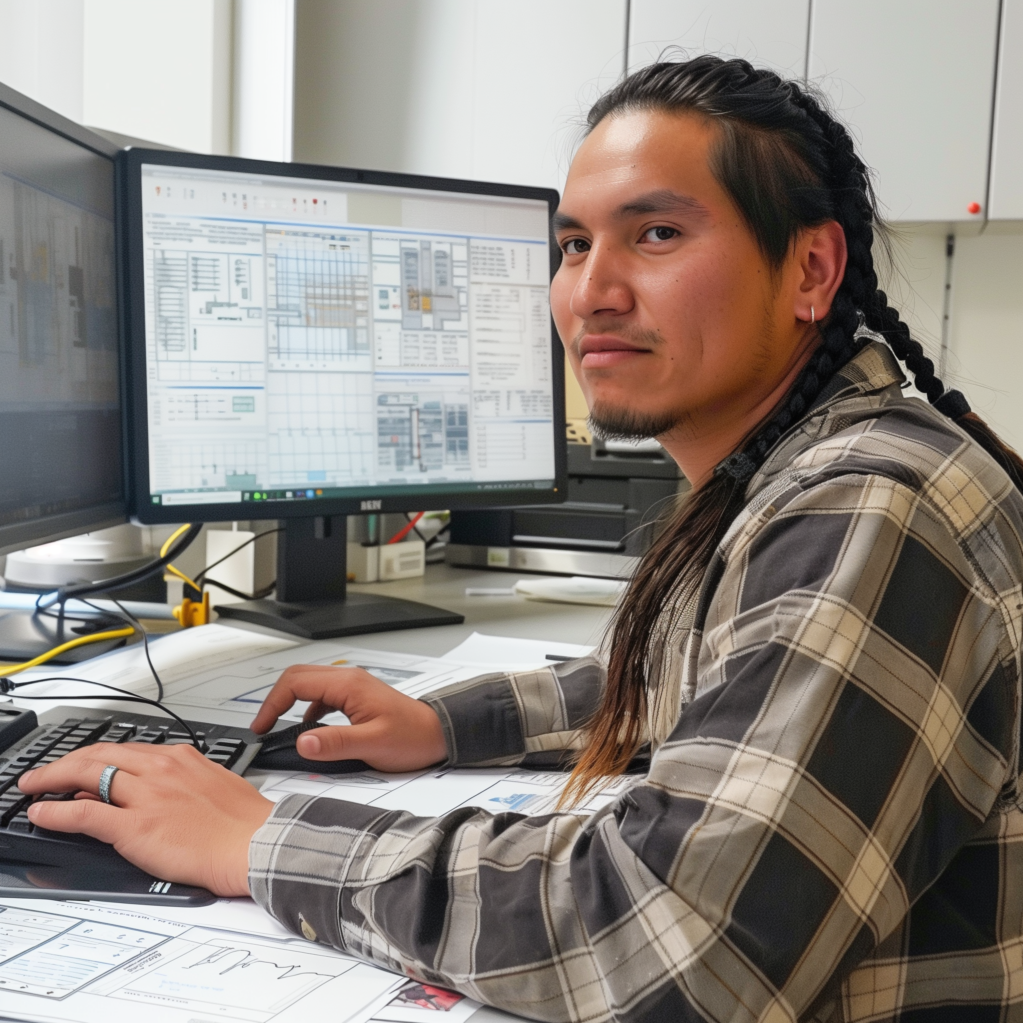 A Cherokee man who works as a civil engineer works at his computer in an on-site office. He is wearing a black and tan plaid shirt and has a two monitor computer setup.