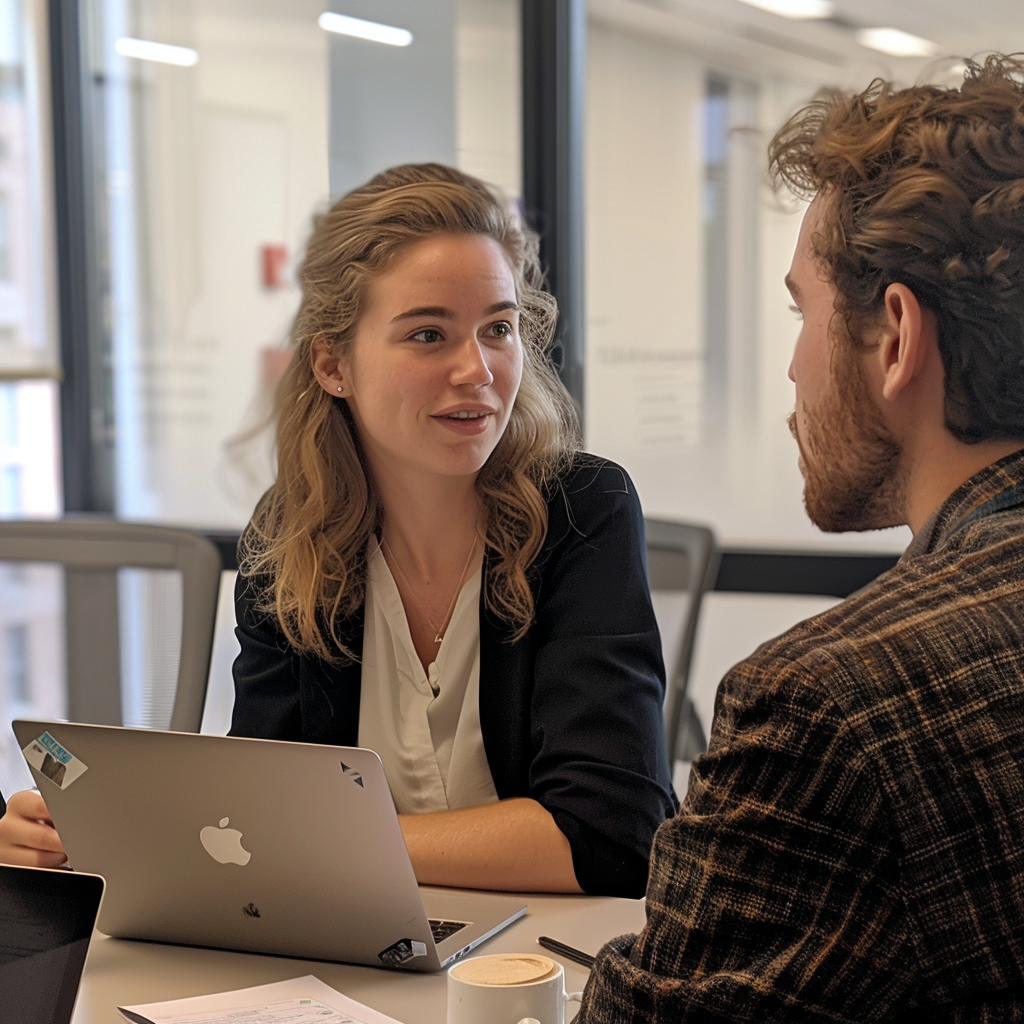 A photo of Cameron meeting with coworkers in an office meeting room. Cameron is in her late 20s and uses her laptop in the meeting.