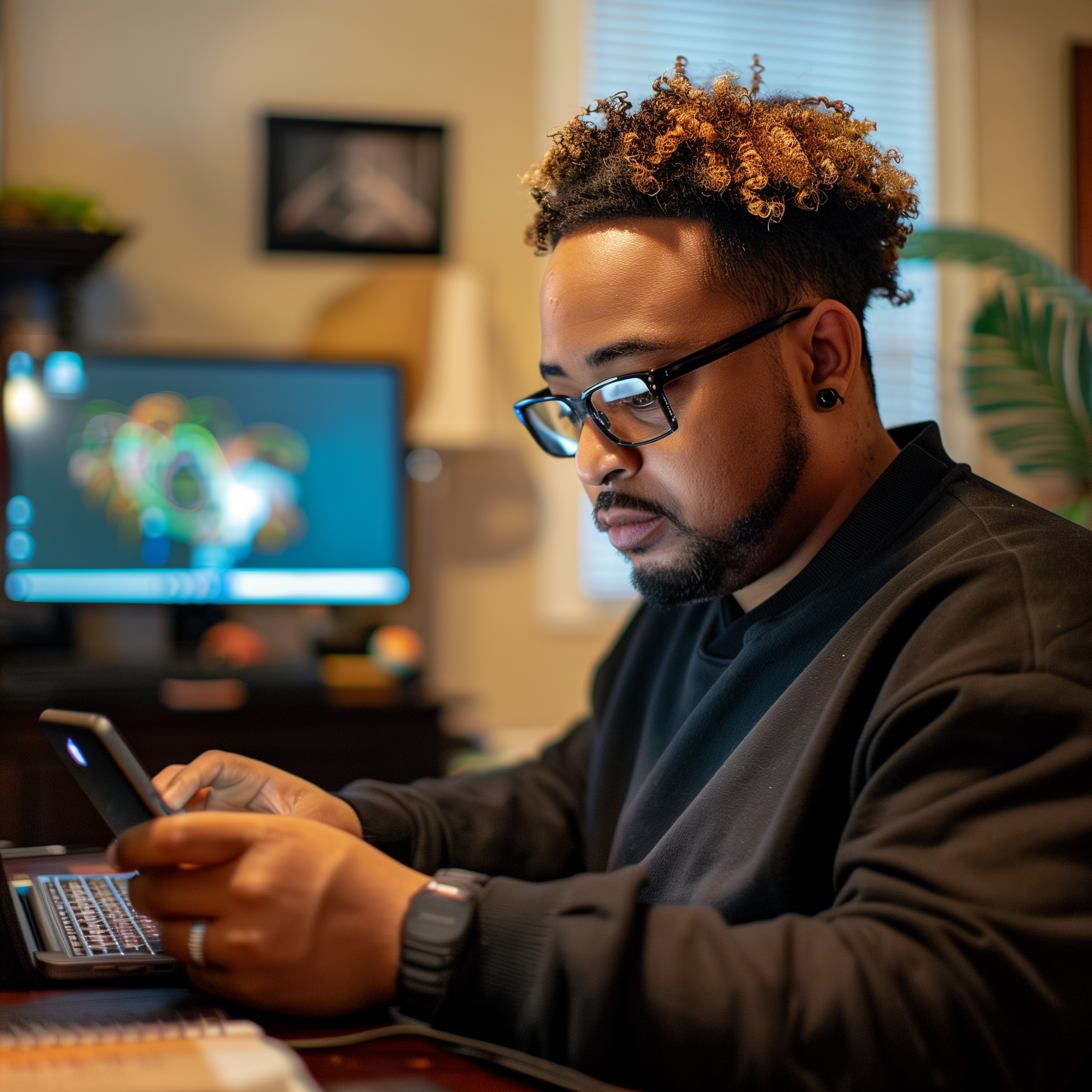 A young Black software developer works at his desk in his home office. He is checking email on his phone. There is a laptop in front of him and a large monitor in the distance.