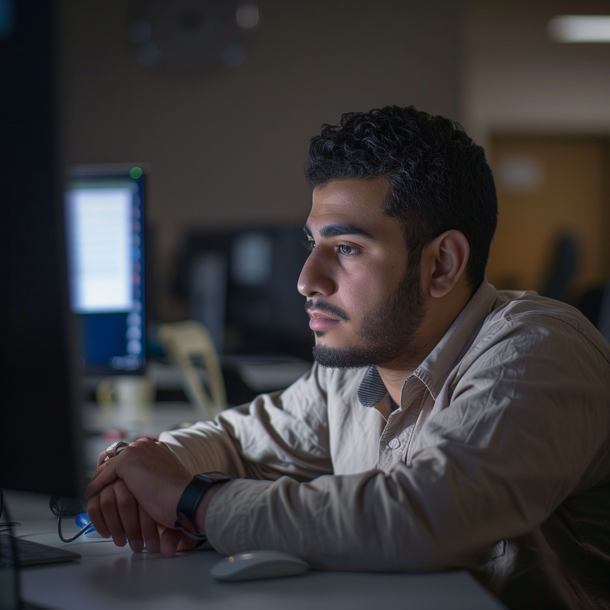 A young Arabic-American man at his computer desk. He is deep in thought about a difficult situation