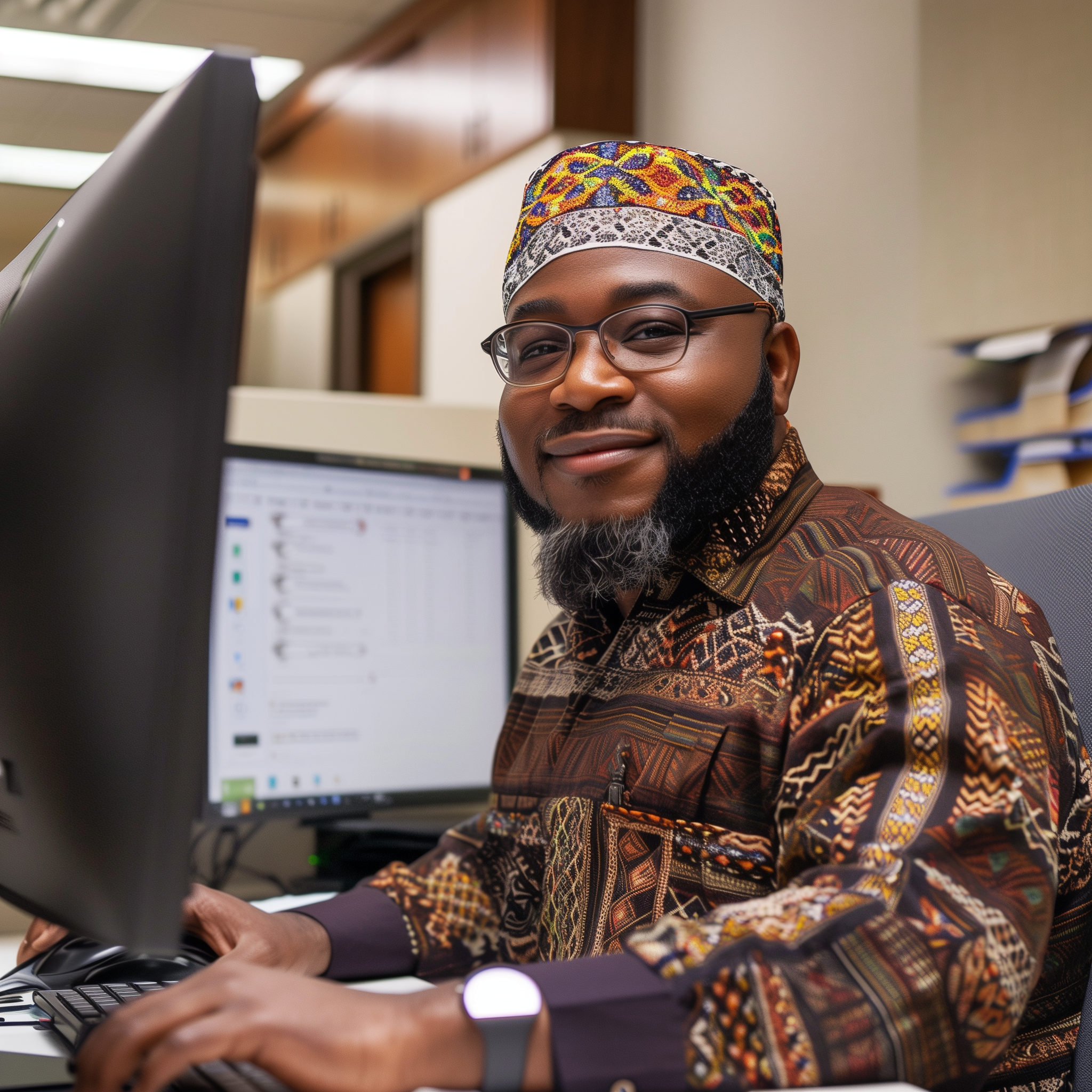 A black man with glasses and beard, smiling at the camera. He is wearing African fabrics in his shirt and hat. He works at a computer with two monitors.