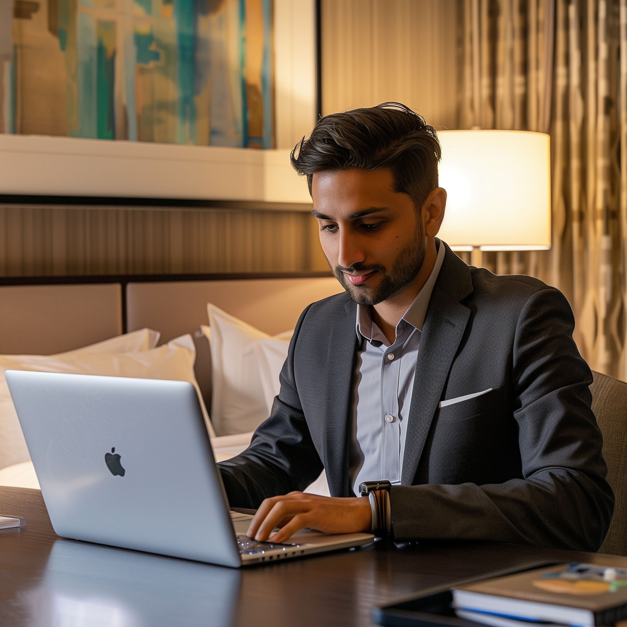 A photo of a 27-year-old man in business casual dress, working at his desk on a laptop in a hotel room, preparing for the Executive Committee meeting in the morning.