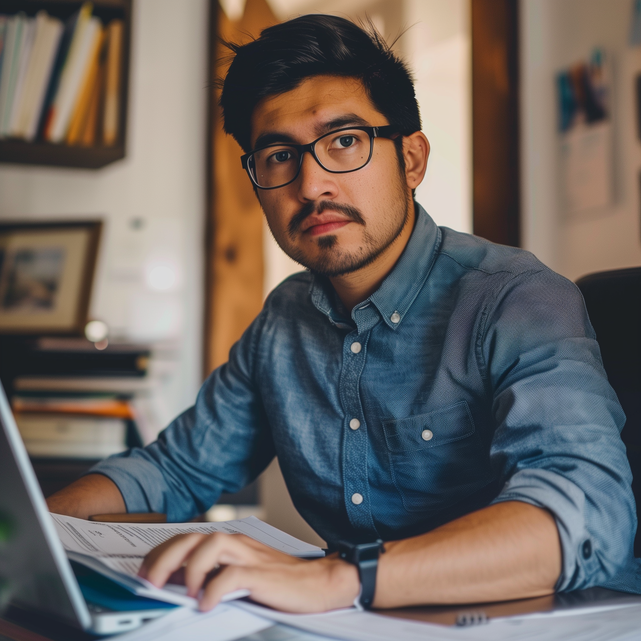 A Mexican-American business owner. He sits in front of his computer, with documents spread across the keyboard. He looks at the viewer.