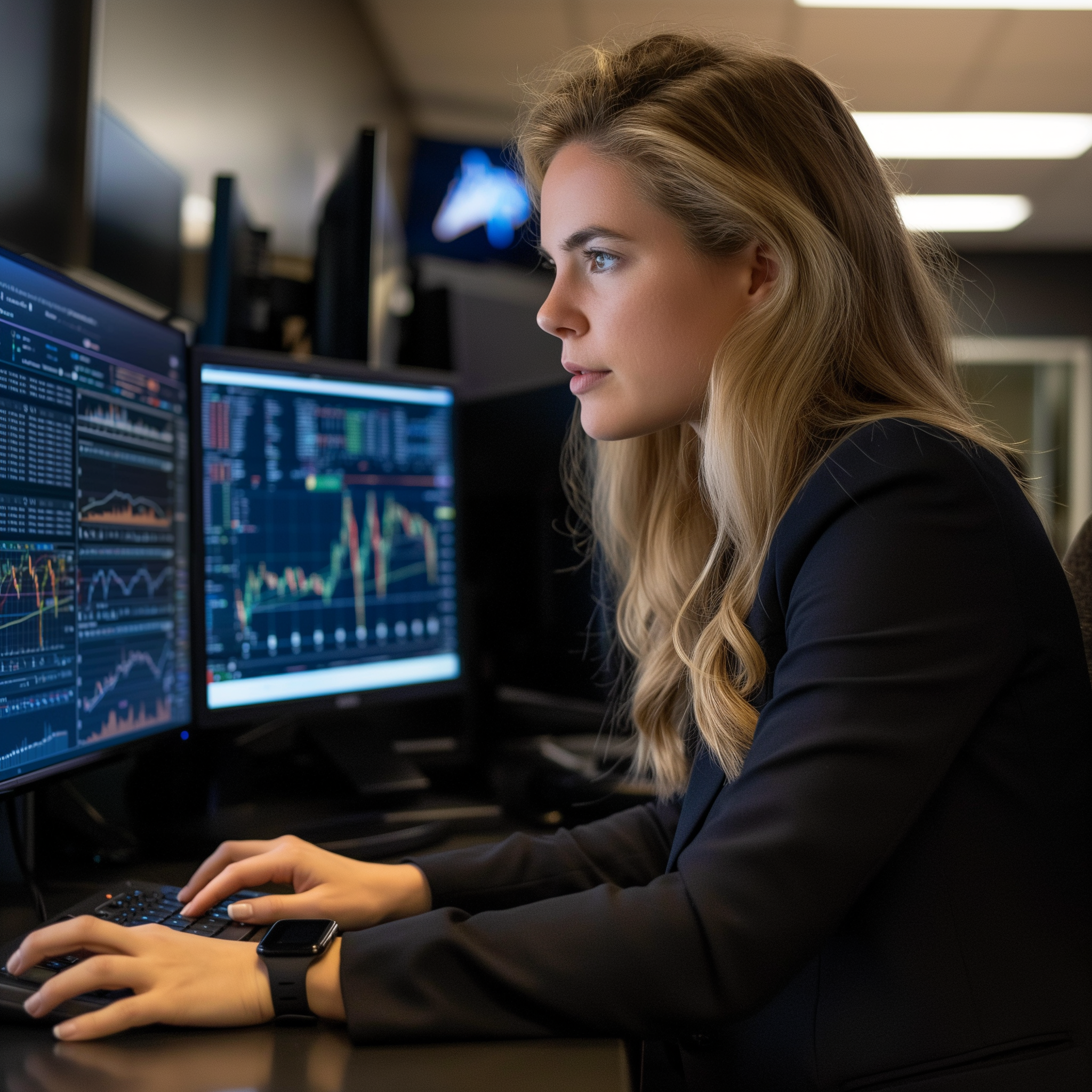 A photo of a young, blonde woman who is studying colorful line graphs on her computer. She wears conservative business clothing and is working at her office desk.