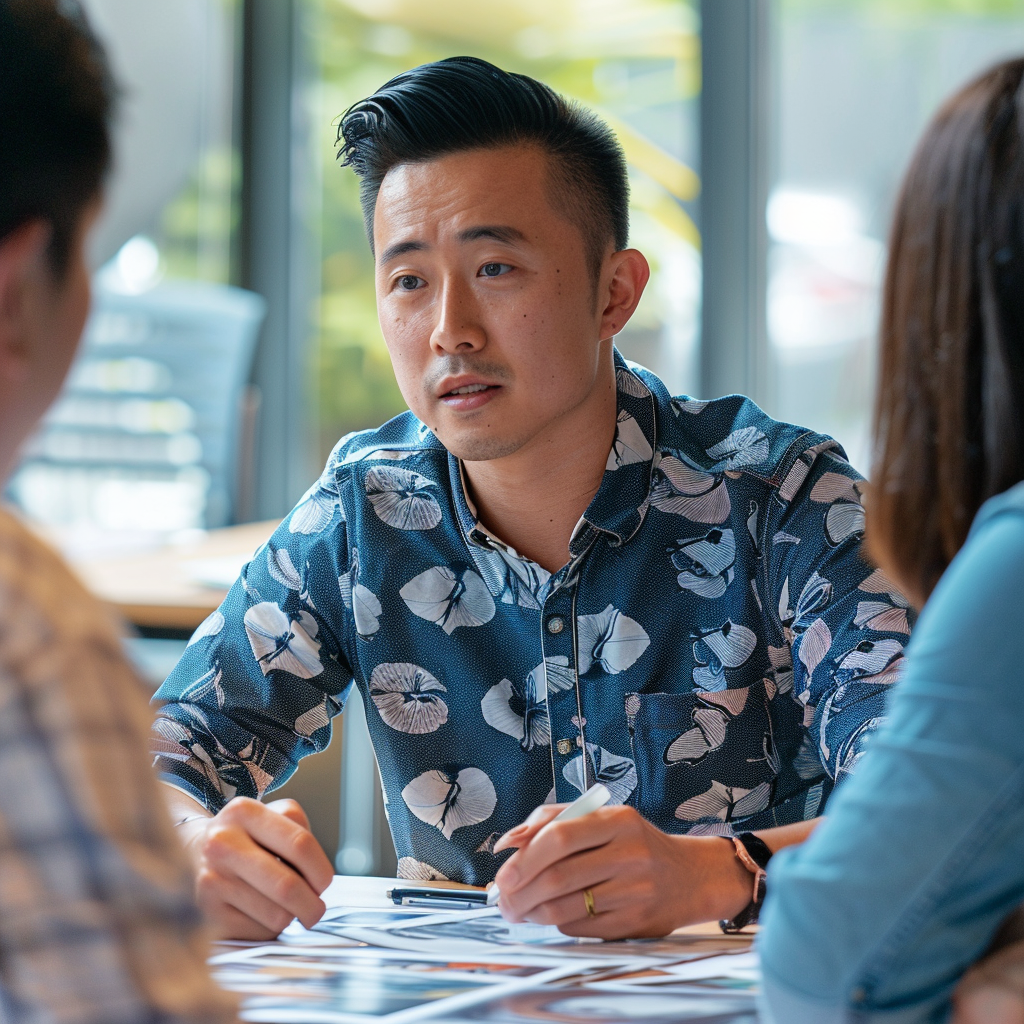 A Chinese person in a meeting, discussing photos that are spread across the table.