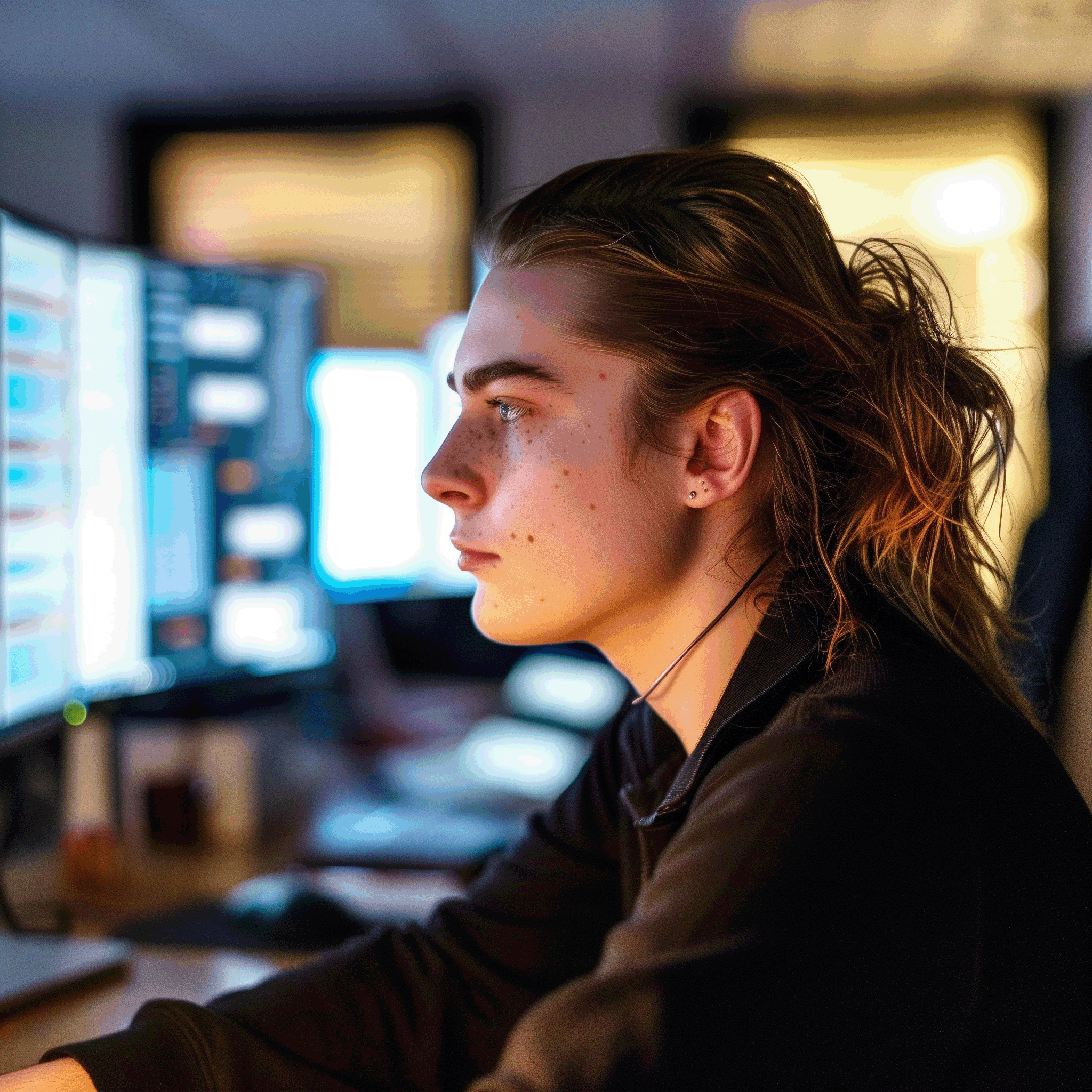 A transgender employee, working at the computer in an office.