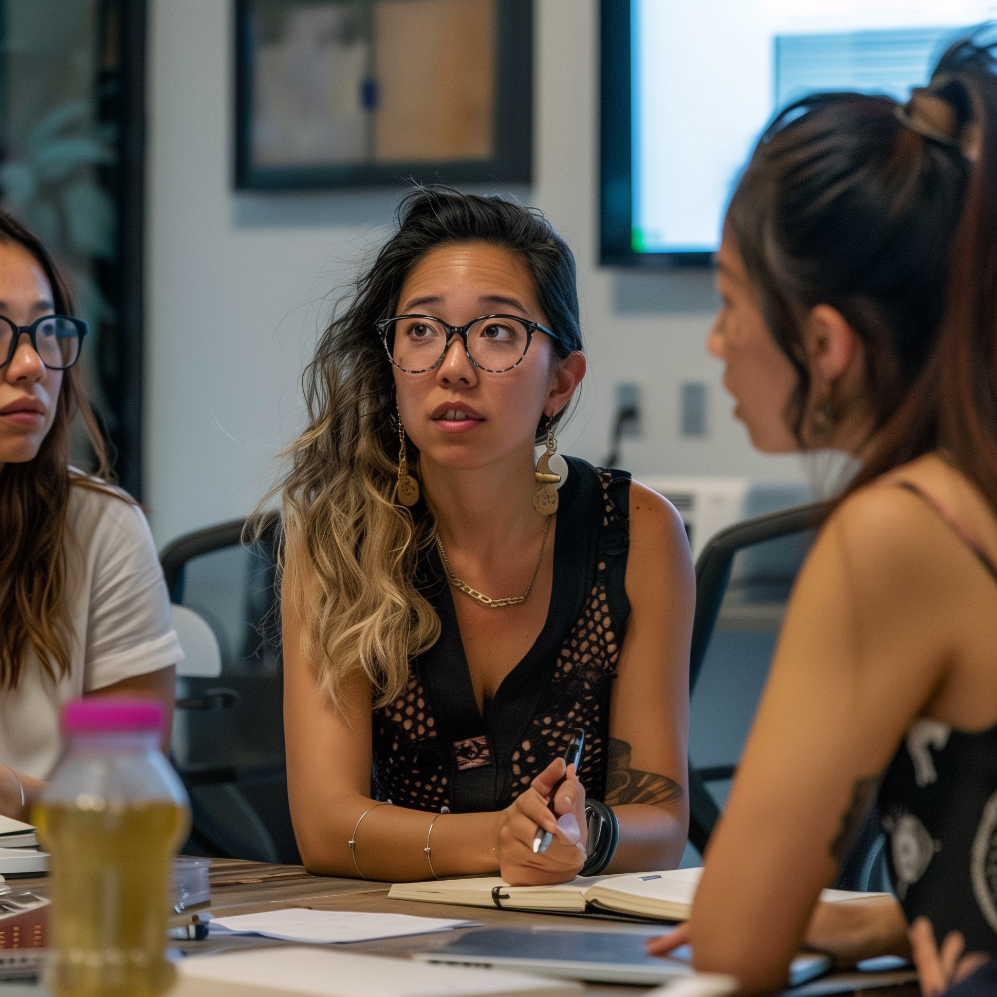 An Asian woman leads a team of customer relations coworkers in a meeting in an office meeting room.