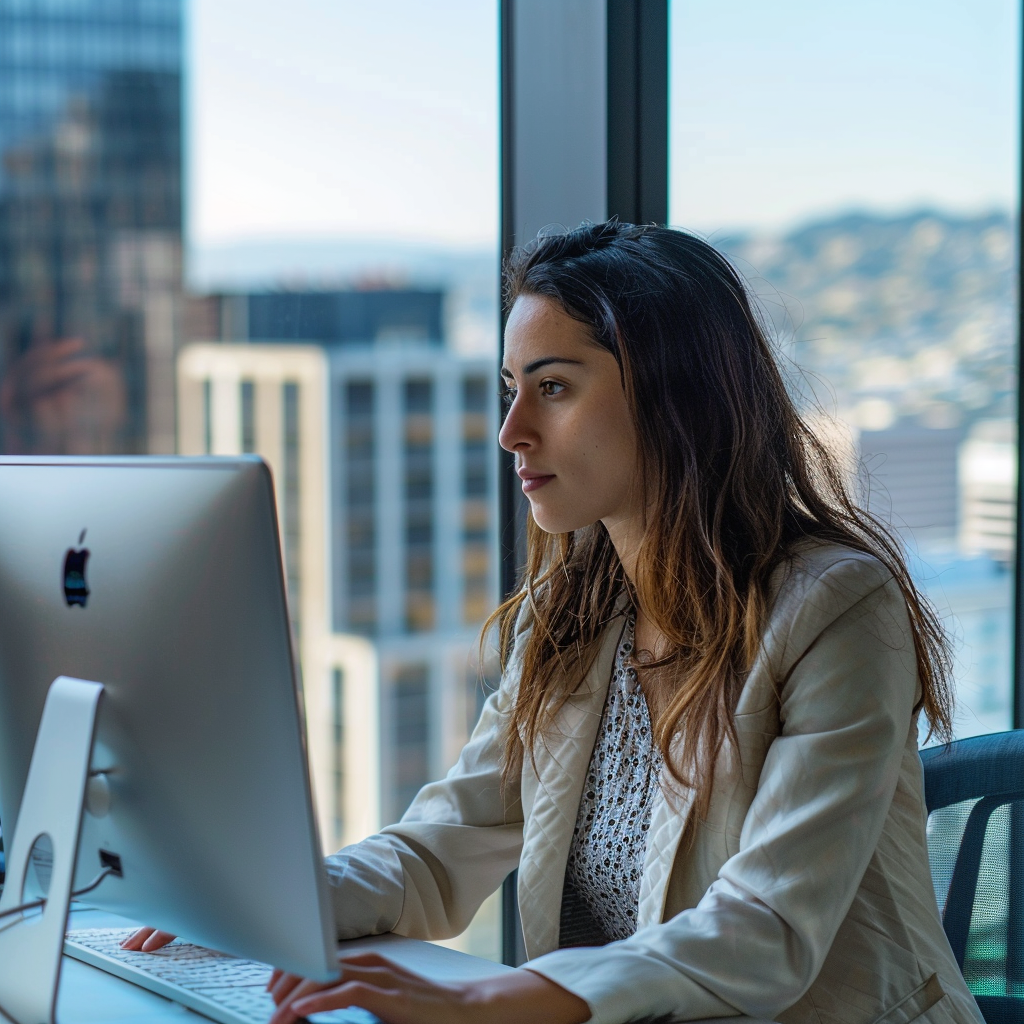 An Italian woman working at her computer in an office. Behind her, large windows look out on the city and distant mountains.