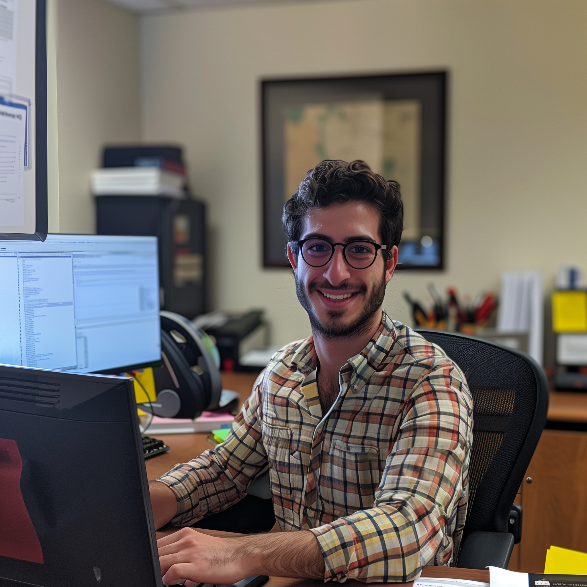 A Jewish man wearing business casual clothes and glasses sits at his desk in a business office. He is looking at the viewer and smiling.