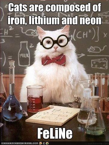 Scientific lolcat, with chemistry equipment and in front of a chalkboard showing equations, with the caption, Cats are composed of iron, lithium, and neon: FeLiNe