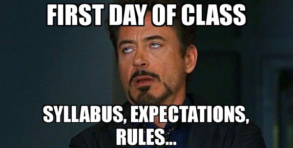 Robert Downey, Jr. Annoyed, rolling his eyes, with the top text, First Day of Class, and the bottom text, Syllabus, Expectations, Rules . . .