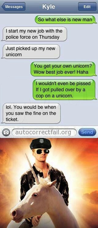 Unicorn autocorrect a police uniform to a police unicorn