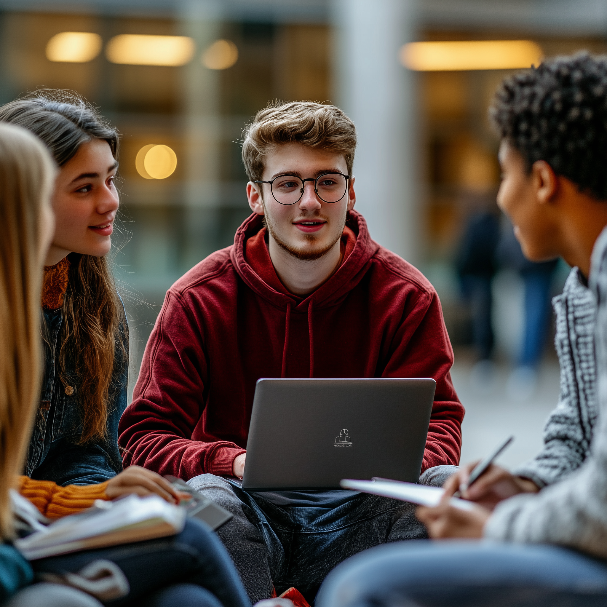 Four college students having a group meeting on campus. One takes notes on a laptop.