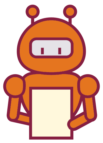 Maroon and orange robot looking at a piece of paper