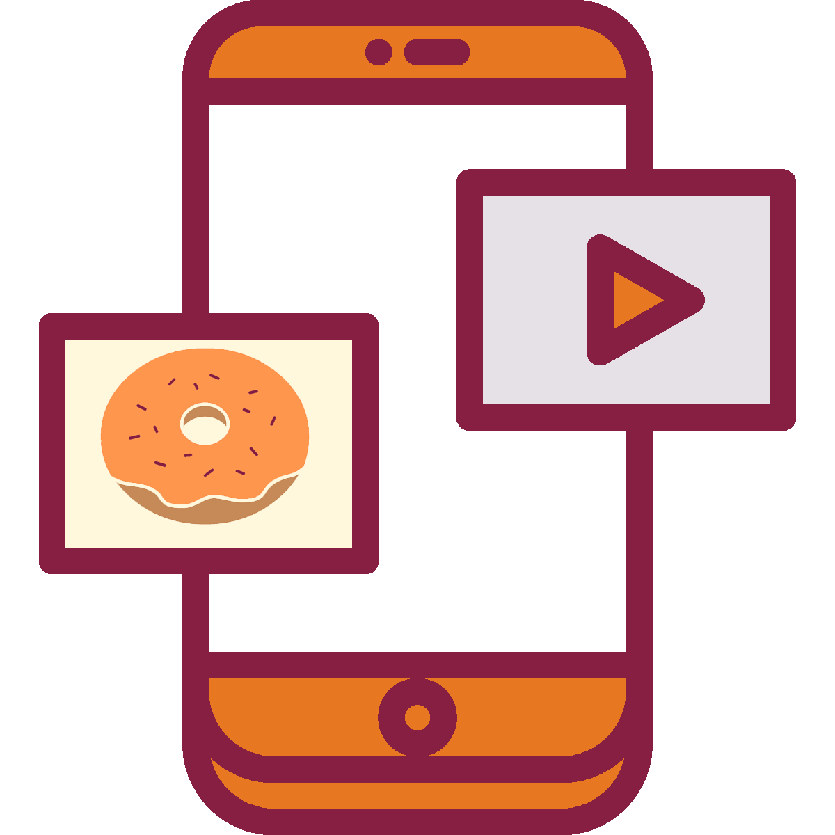 A cell phone superimposed with a video play icon and a slide showing a donut with orange icing and maroon sprinkles