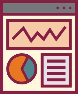 Icon showing the page from a report, with written text, a line graph, and a pie chart.