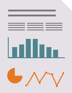 Page from a report, showing bar graph, pie chart, and a line graphi