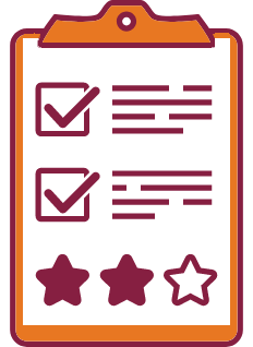 Orange clipboard with a white piece of paper showing a form with checkmarks and stars.