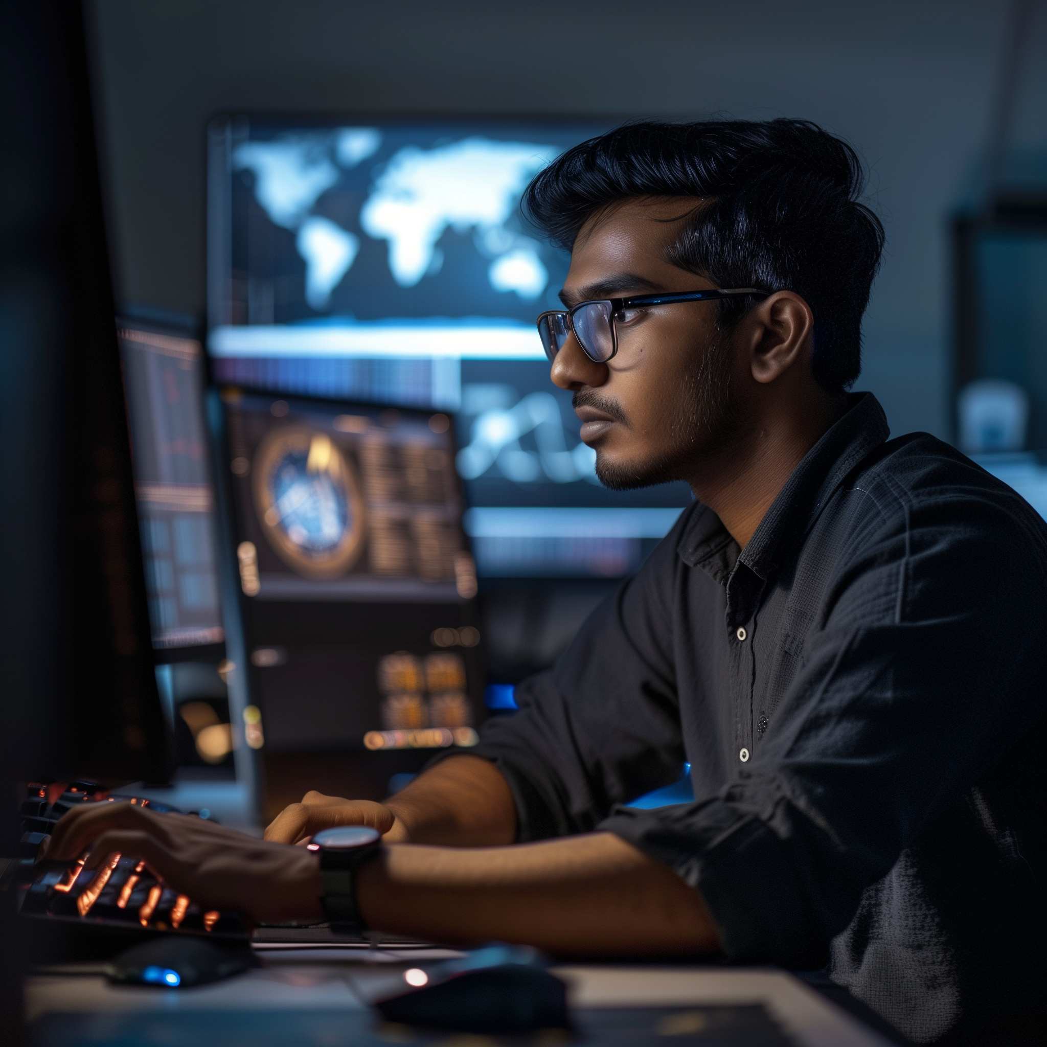 A Hindu man wearing business casual clothes and glasses works at a computer at an aerospace engineering firm.