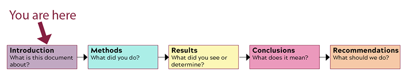 Flowchart showing this is the second section of the report body: 1. Introduction. What is this document about? 2. Methods. What did you do? 3. Results. What did you see or determine? 4. Conclusions. What does it mean? 5. Recommendations. What should we do?