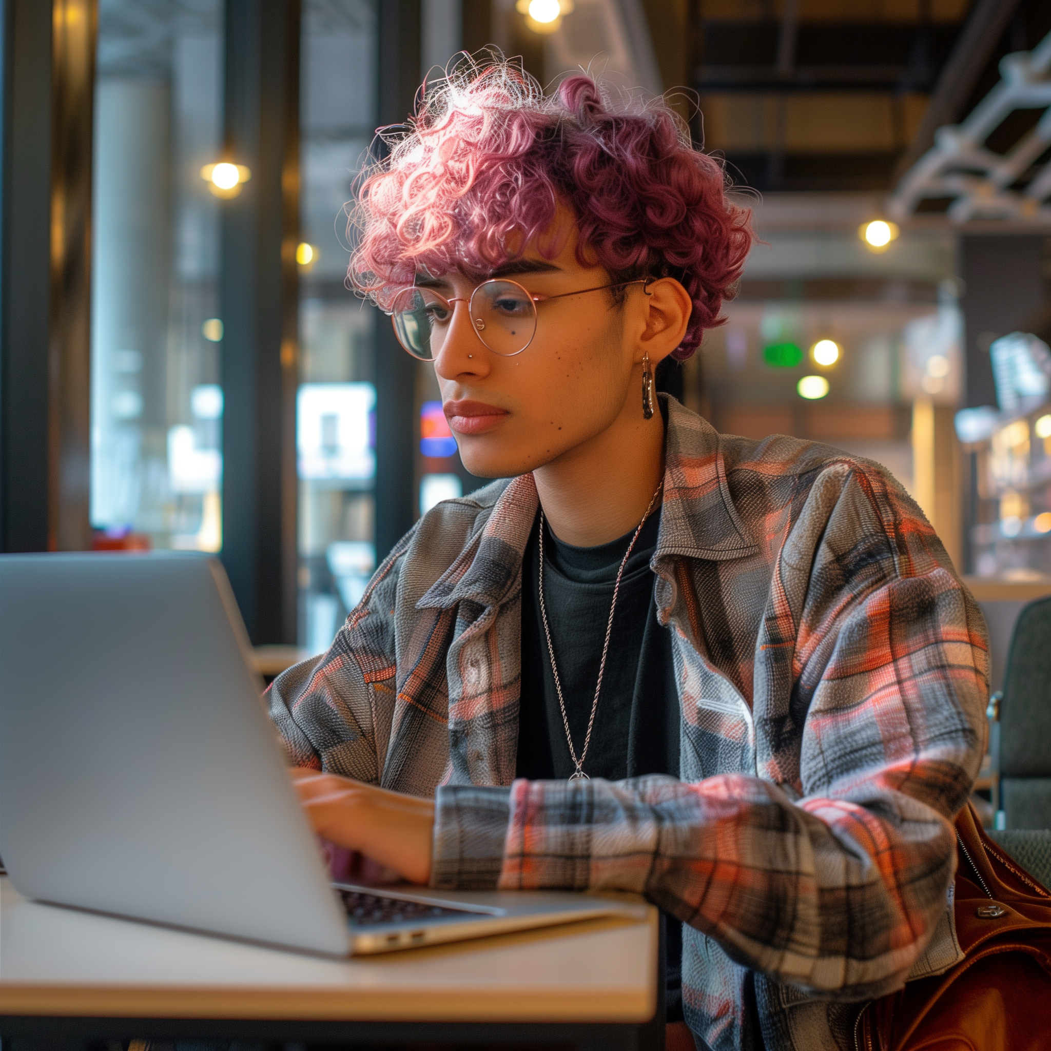 A realistic photo of a French Algerian transgender person in Silicon valley. They are working on a laptop in the laid-back company’s headquarters.