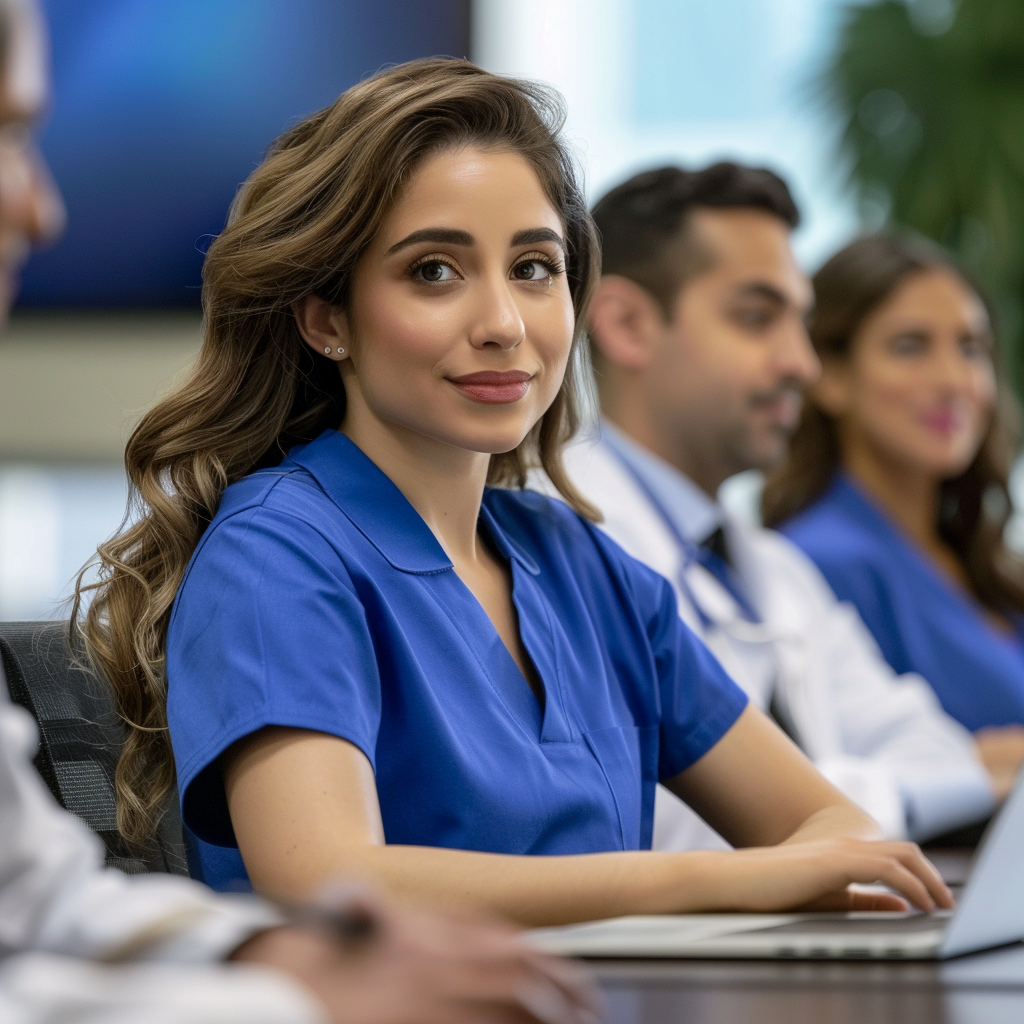 A Jewish doctor in her mid-30s sits at her laptop in a meeting with colleagues.