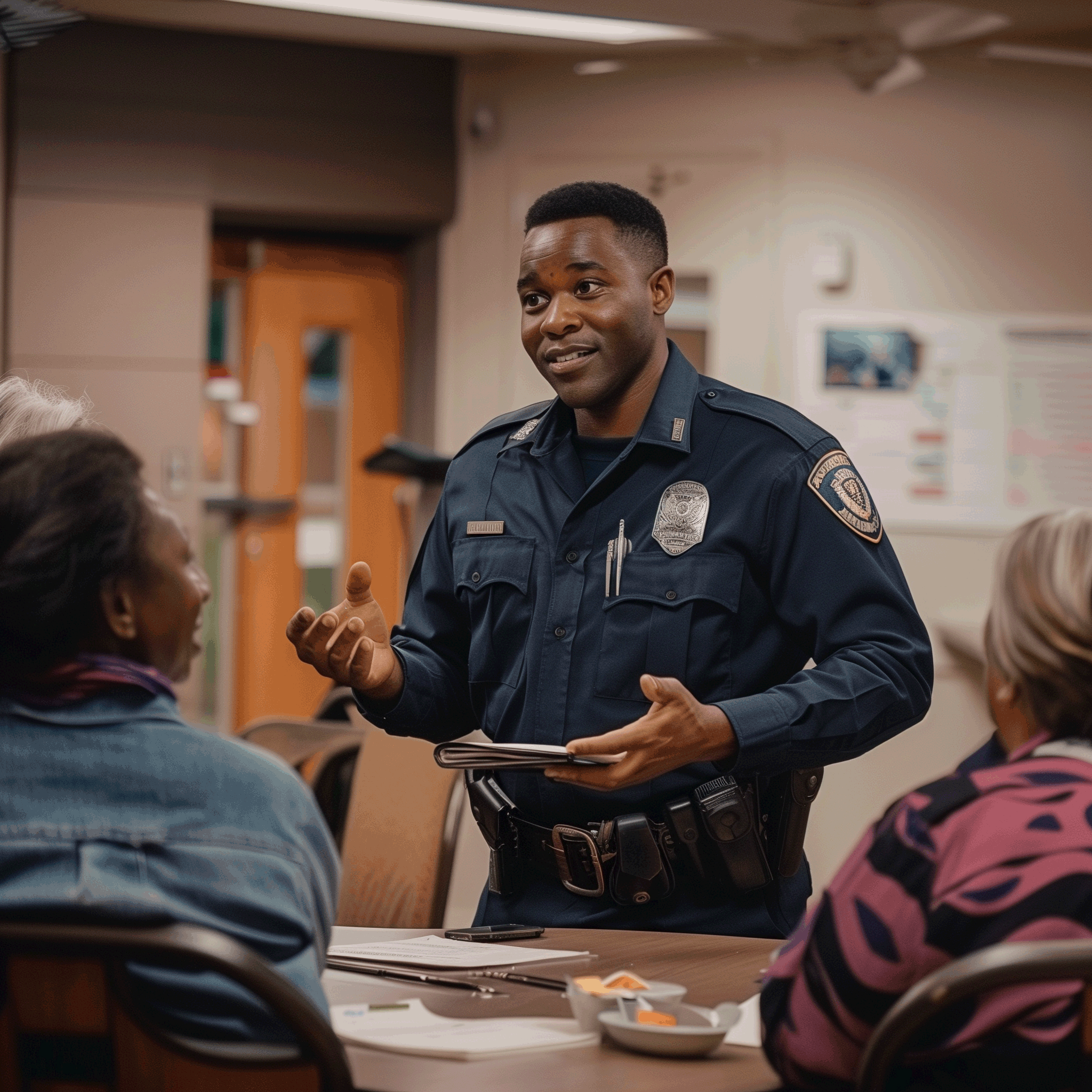 A photo of Sergeant Sass, a law enforcement officer and  community liaison, presenting to community members. 