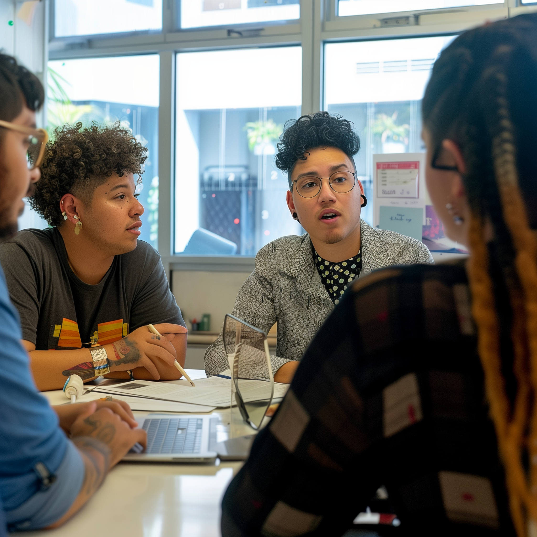 A diverse group of coworkers, engaged in a collaborative discussion around a table with laptops and notebooks.