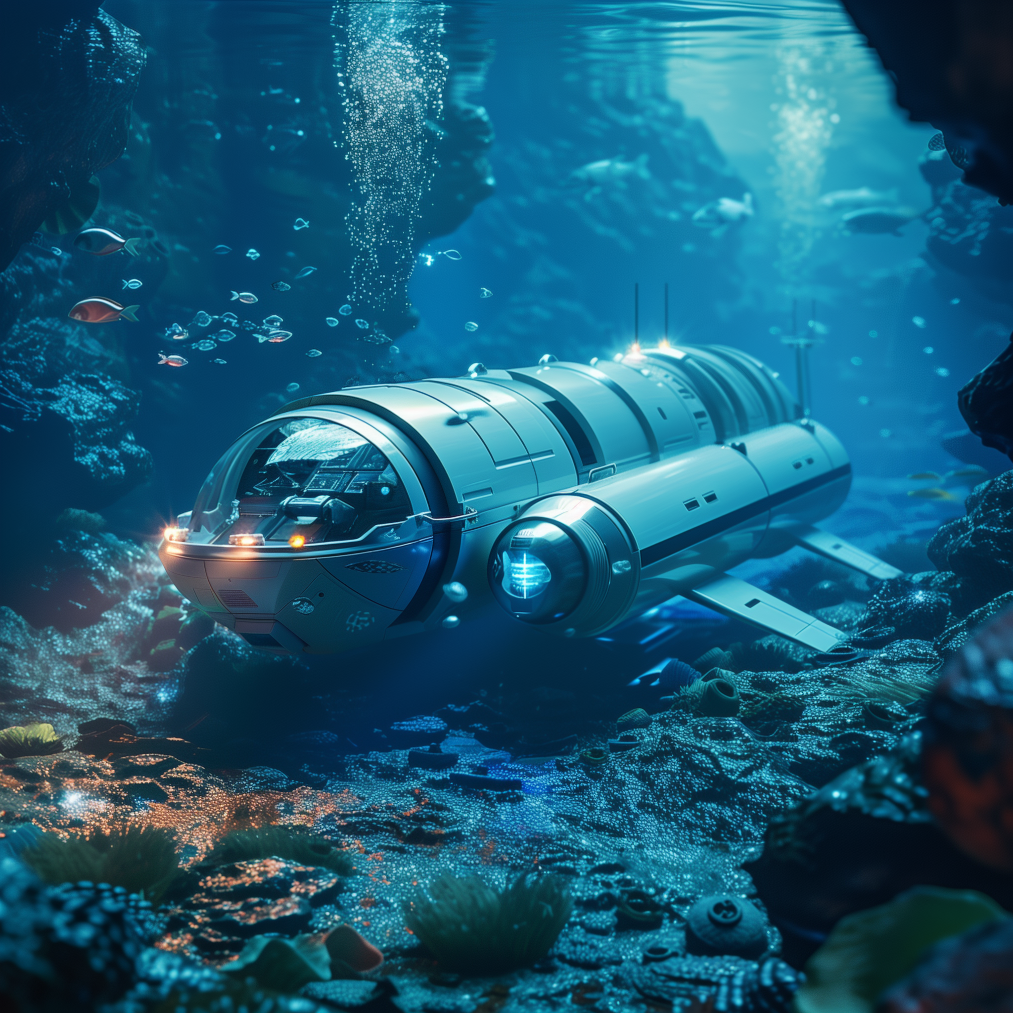 The Makura, a submersible manufactured by Hydronautic Technologies, exploring an underwater scene with coral reefs and marine life.