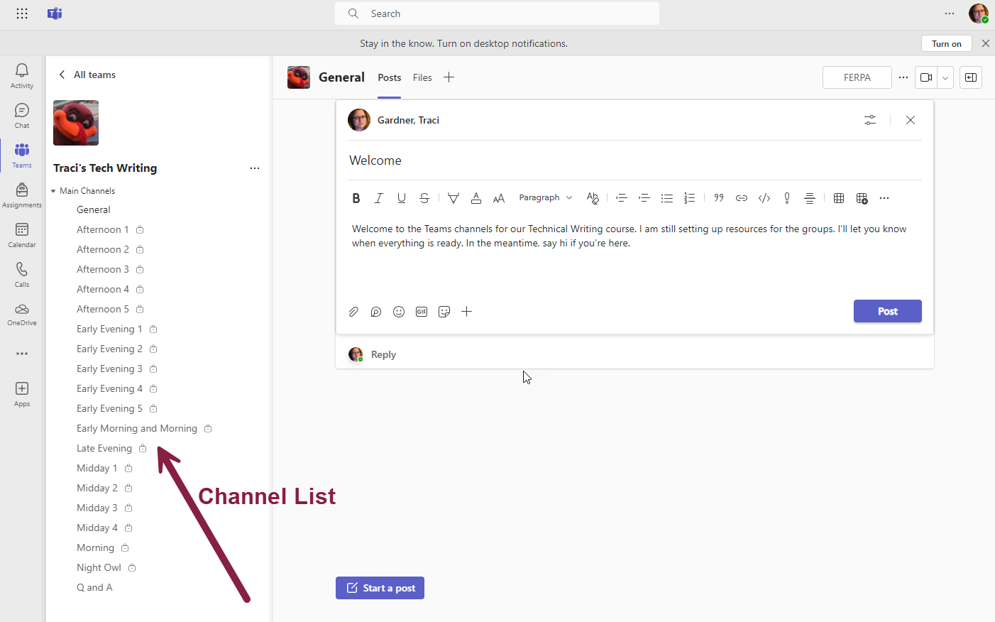 Screenshot of the #general channel in Teams. An arrow points to the channel list on the left side of the image.