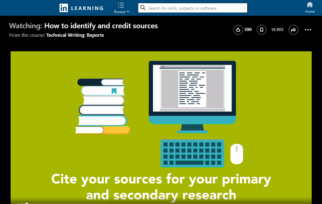 Screenshot of Lynda.com session, How to identify and credit sources