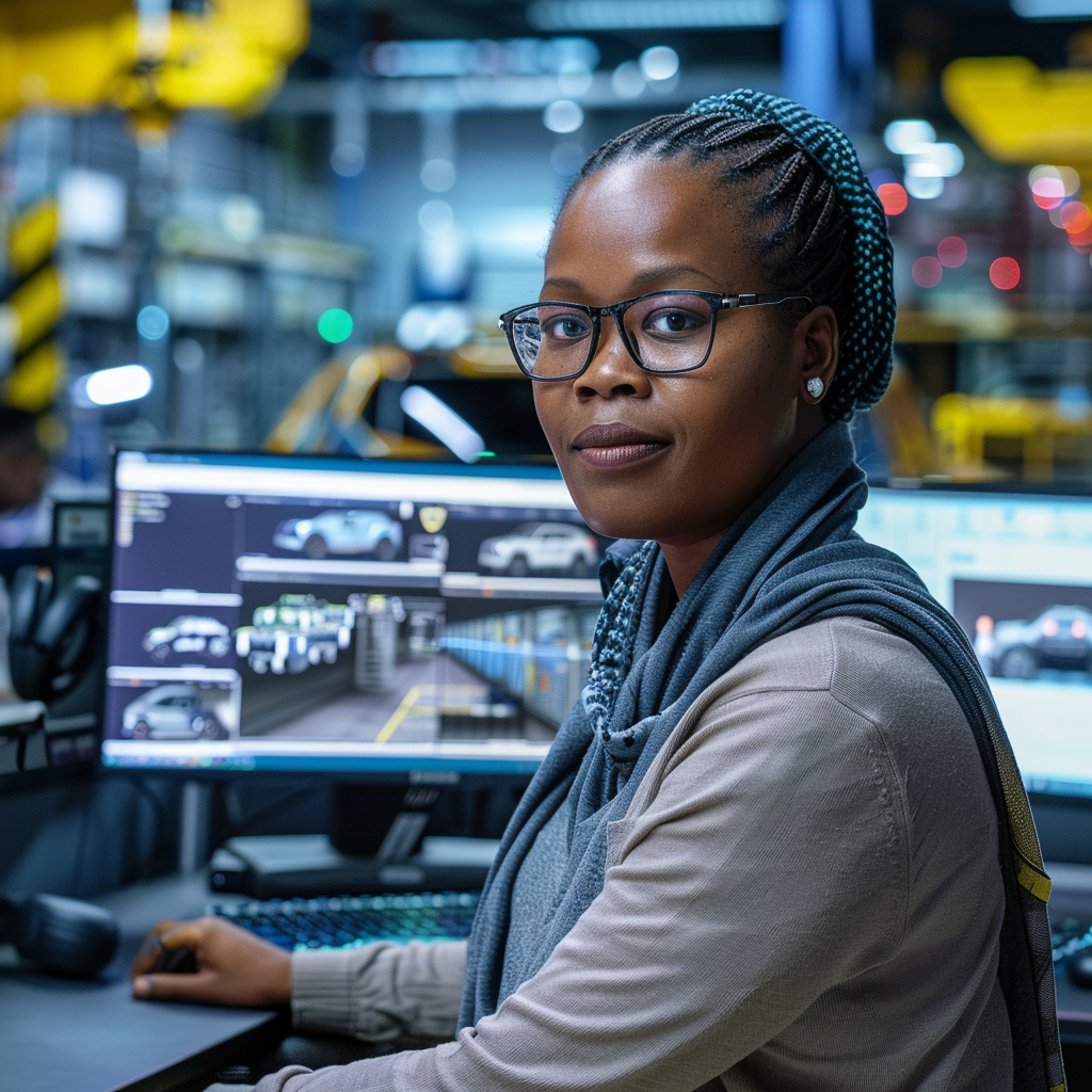 A realistic photo of Winnie, a South African employee of an autonomous vehicle company. On her computer screen are flashy images of autonomous vehicles. She looks at the viewer.