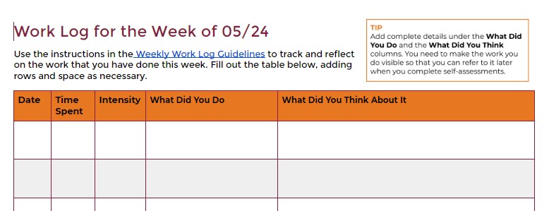 Screenshot from the Google Doc template for Work Logs