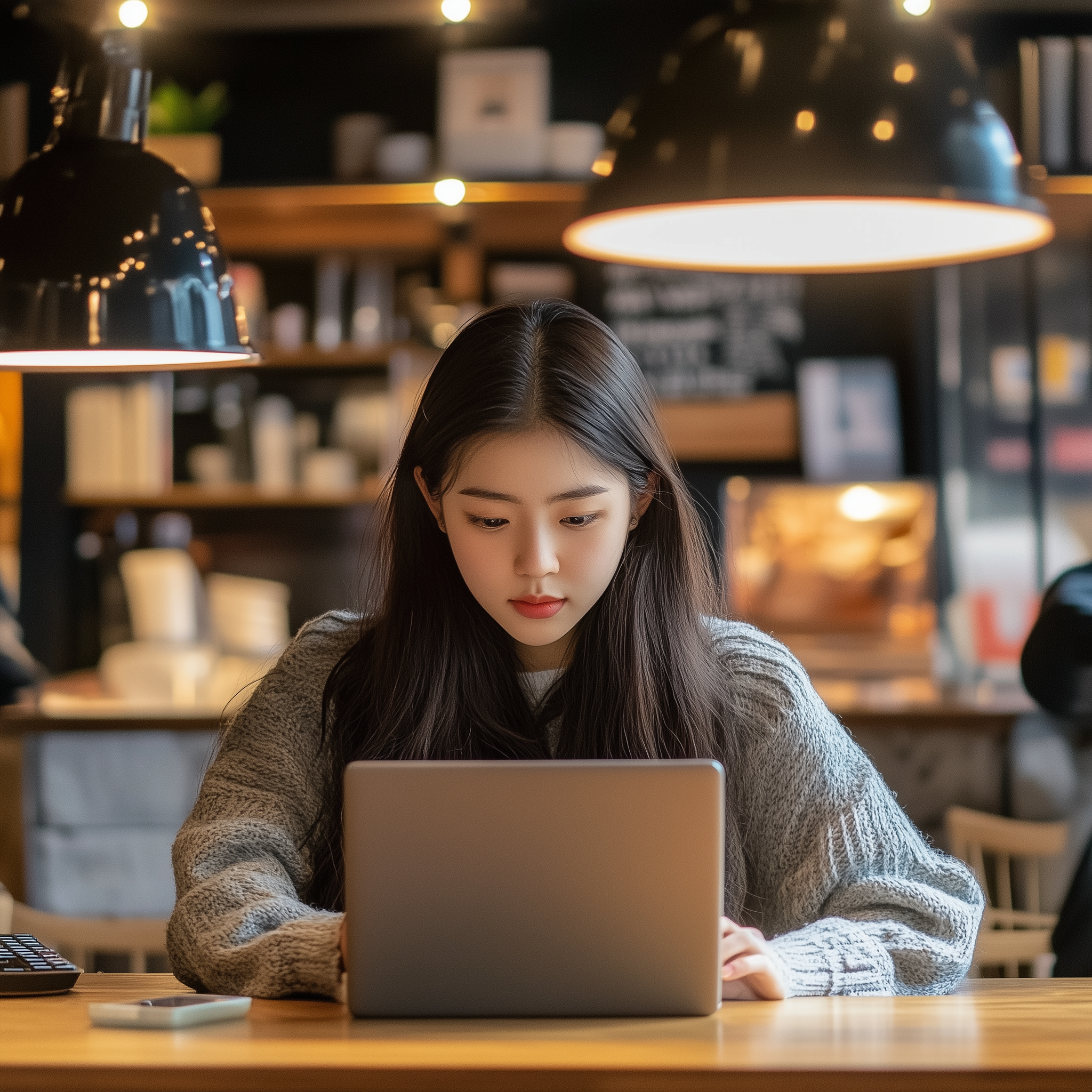 A photo of an Asian college student working at a laptop in an American cafe