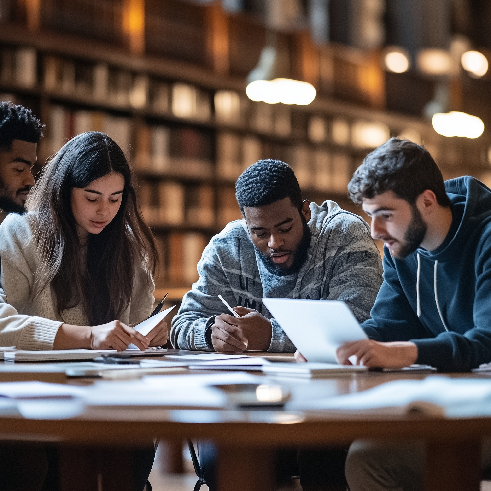 A photo of four college students, working on a technical communication proposal in a well-lit campus library