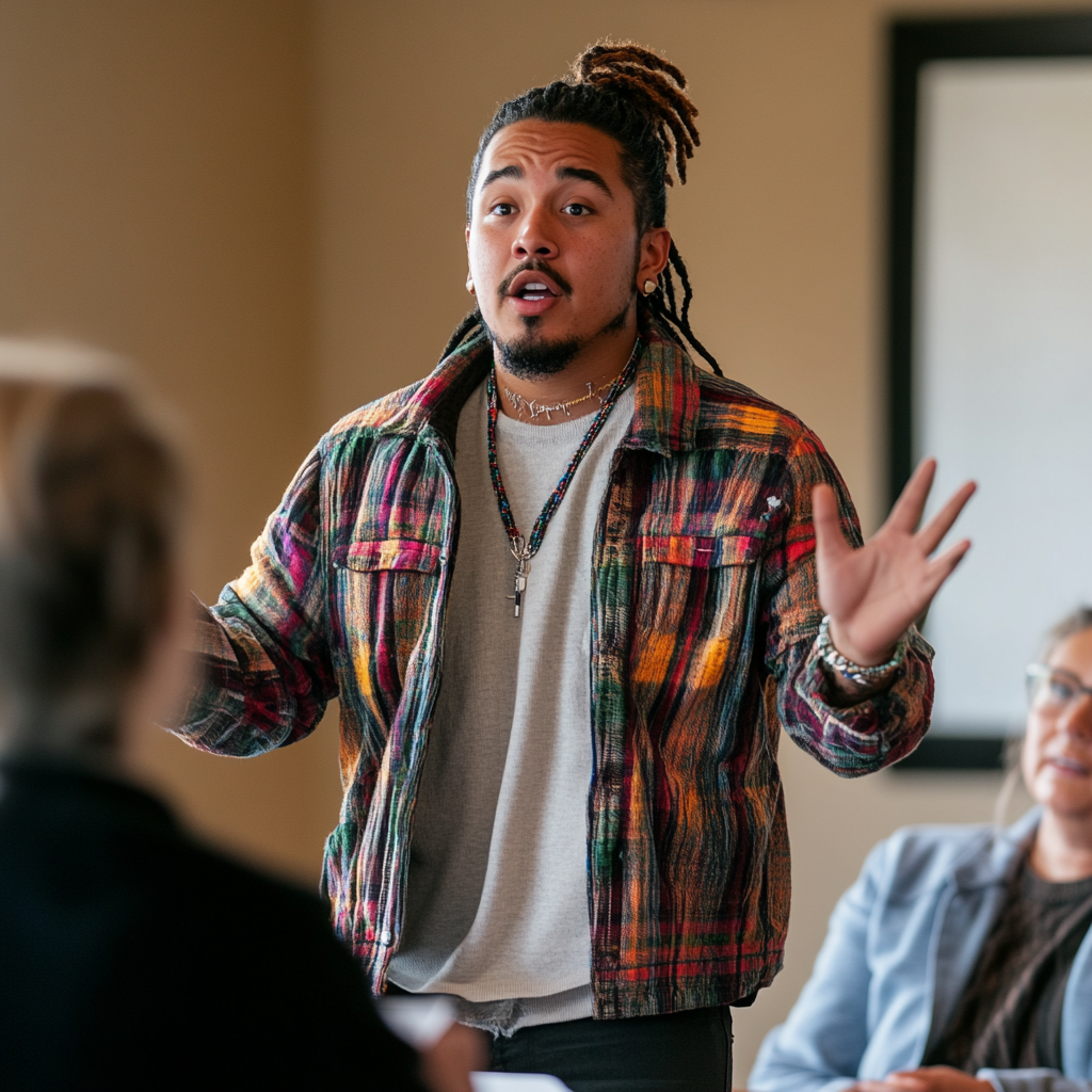 A realistic photo of a college student making a persuasive pitch for a project to a room of diverse college professors