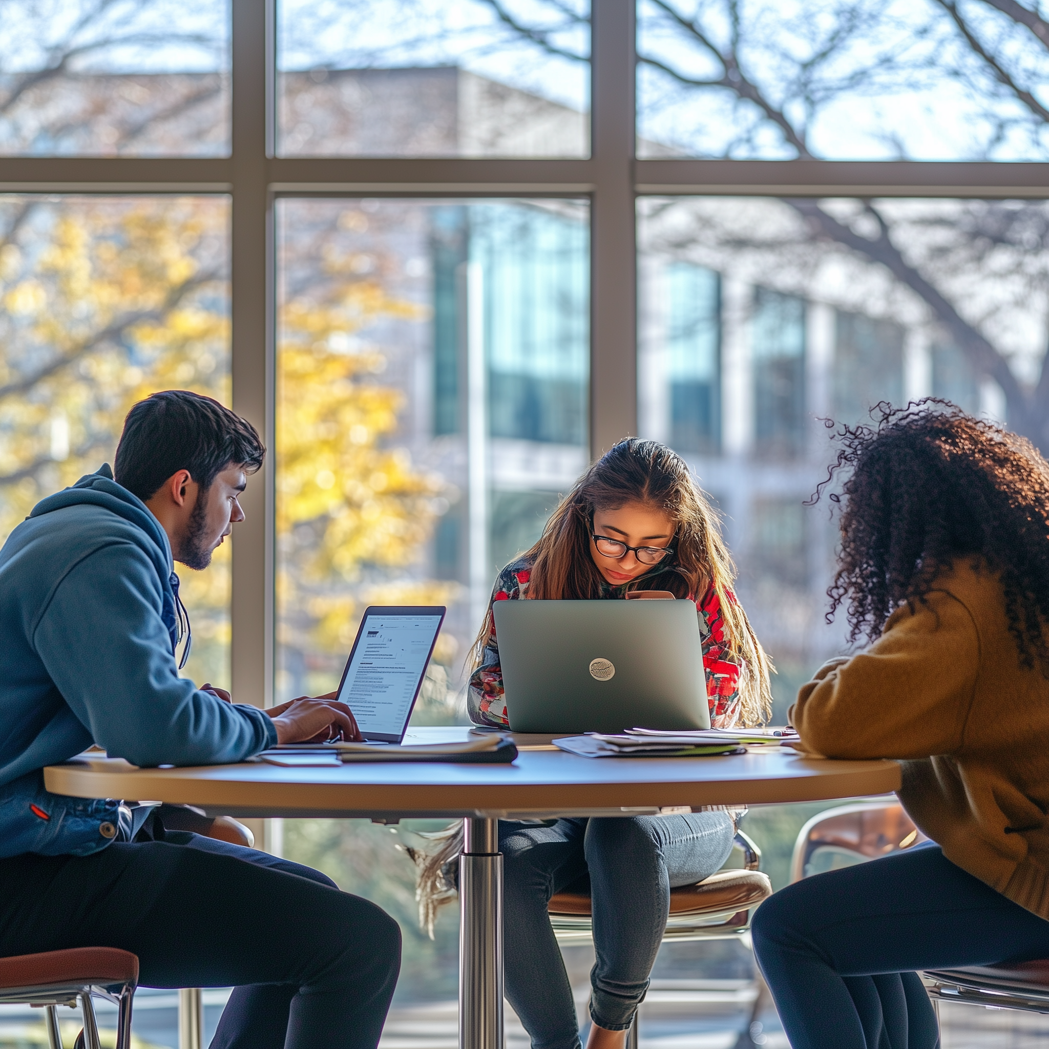 A photo of three college students working at laptops