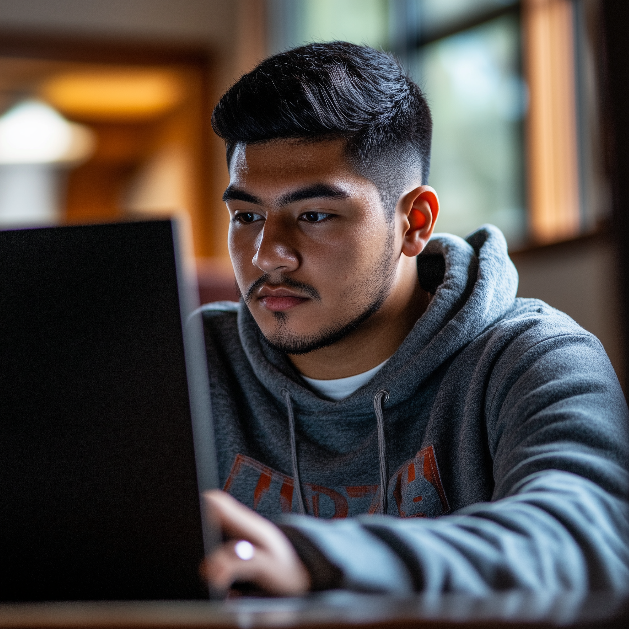 A photo of a Latino college student reading a computer screen