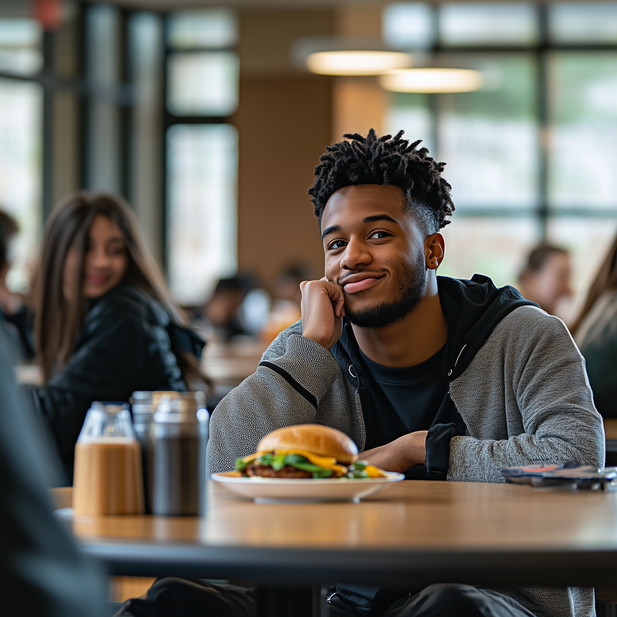 A college student smiling at the camera, with a hamburger on the table in front of him