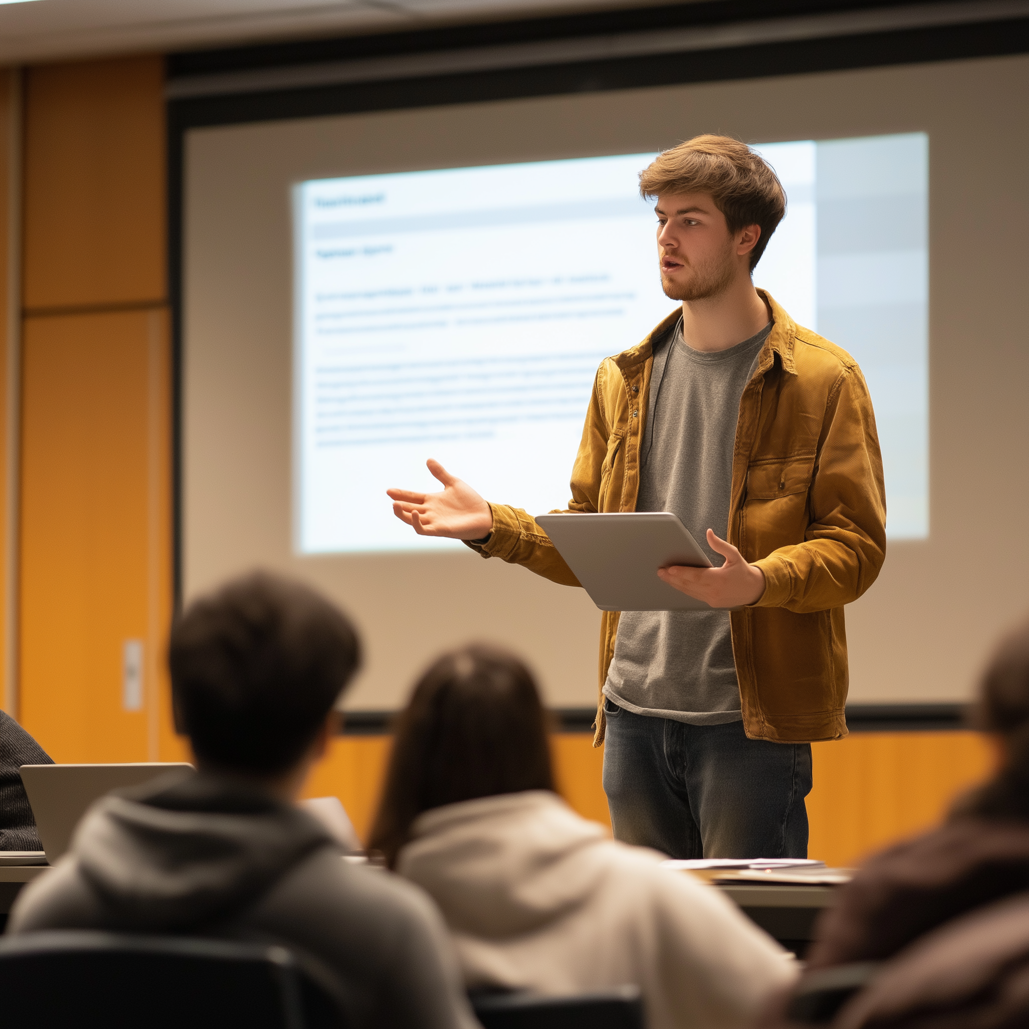 A photo of a college student presenting in front of a class. The slide on the screen has a font too small to read.