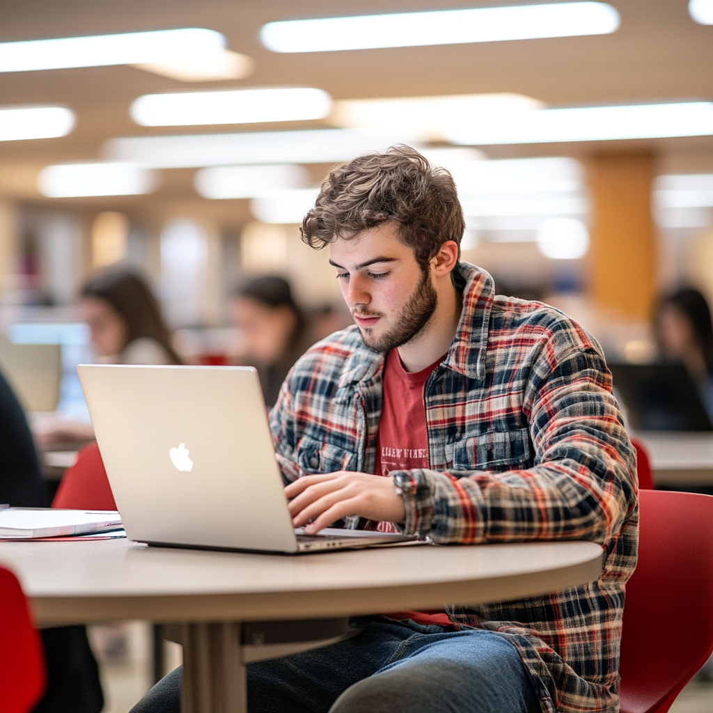 A photo of a college student working on their laptop at the campus library