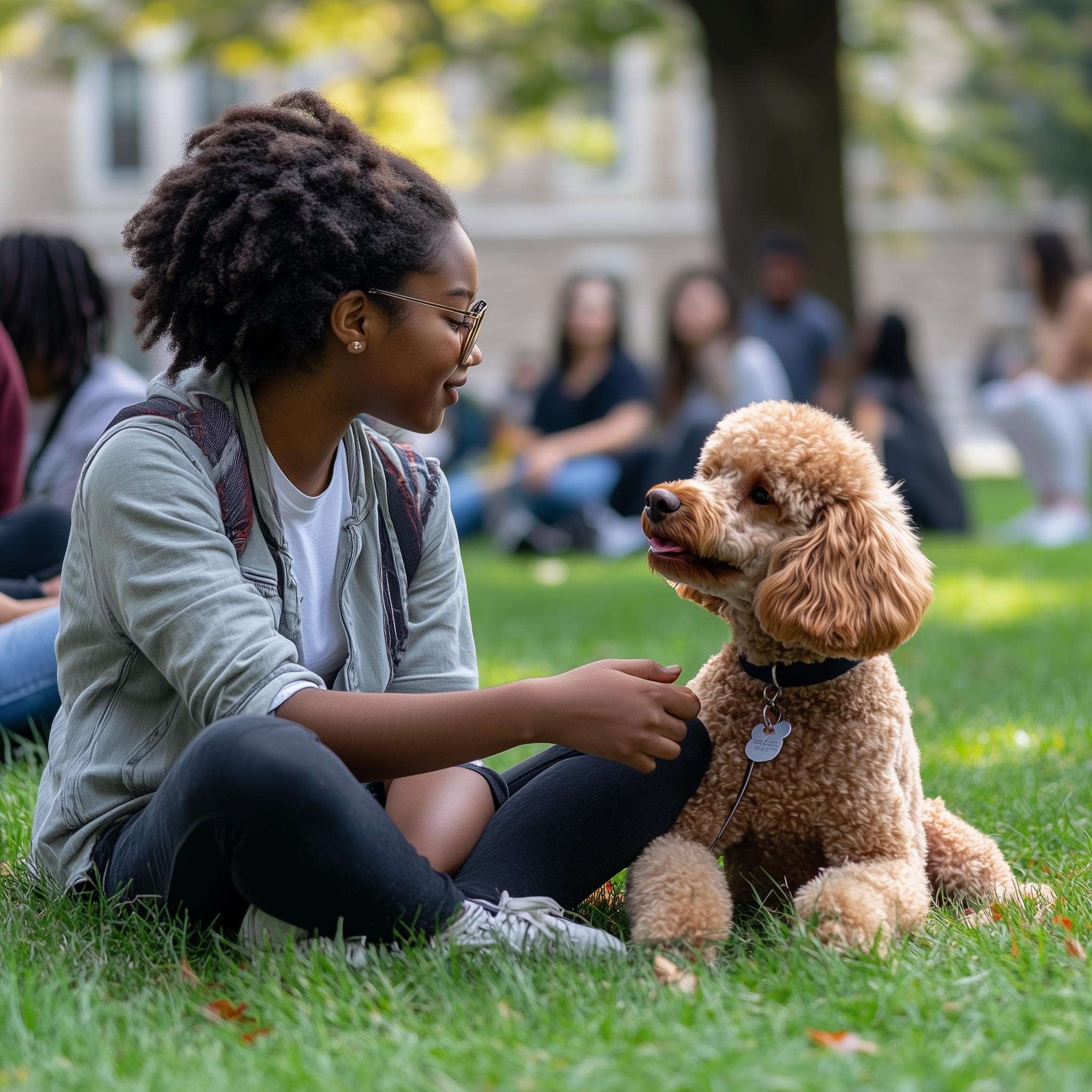 A photo of a black college student sitting outside on campus with a poodle therapy dog