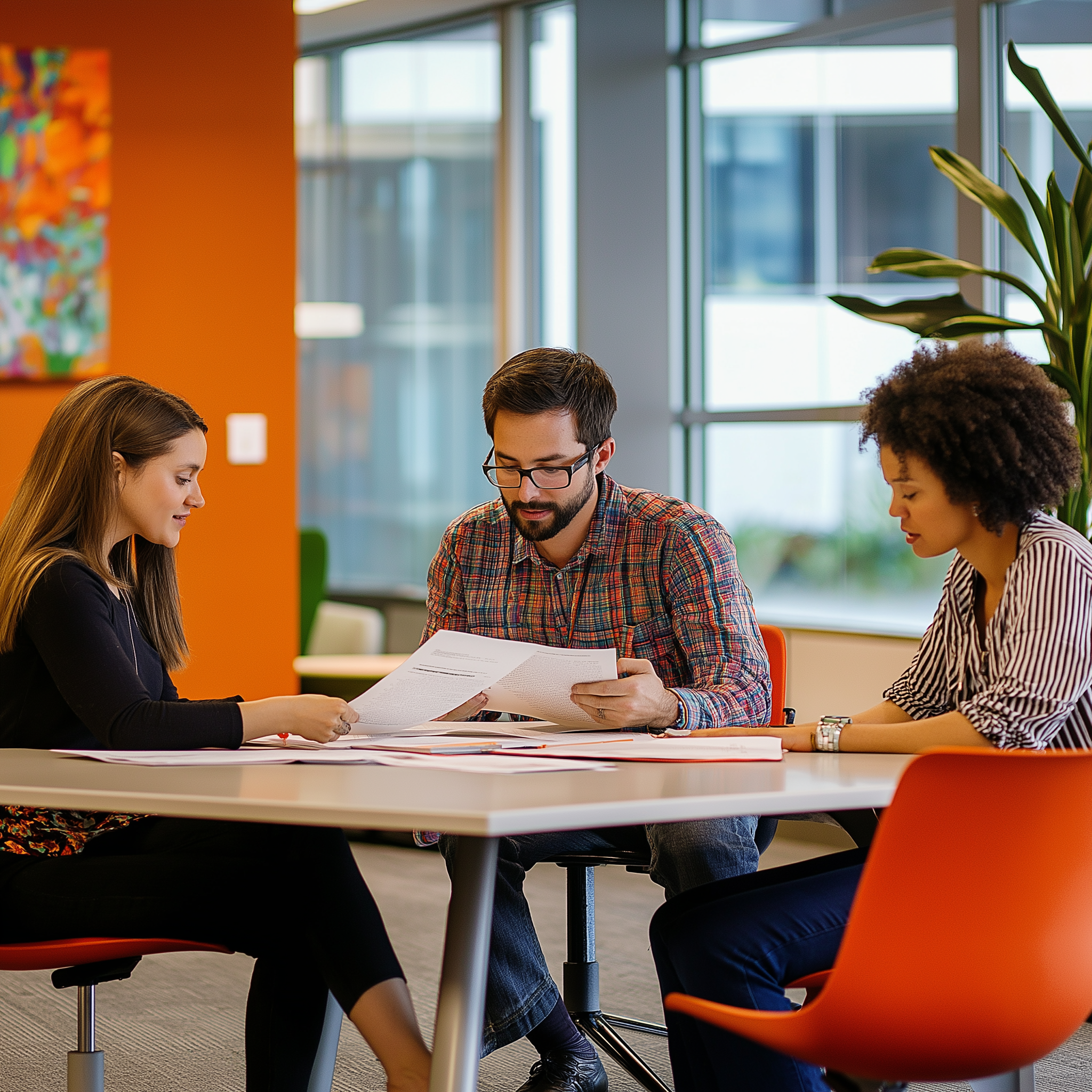 A photo of employees reading a report in a bright office
