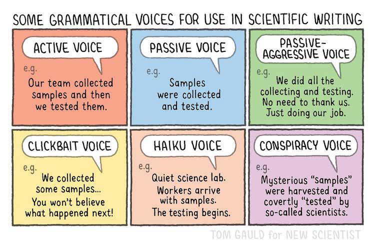 Comic illustrating grammatical voices for scientific writing