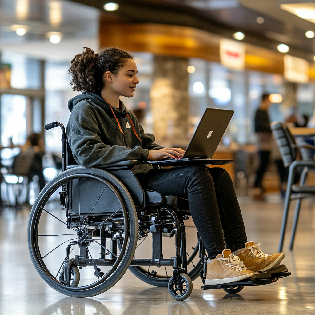 A photo of a college student in a wheelchair, working on her laptop