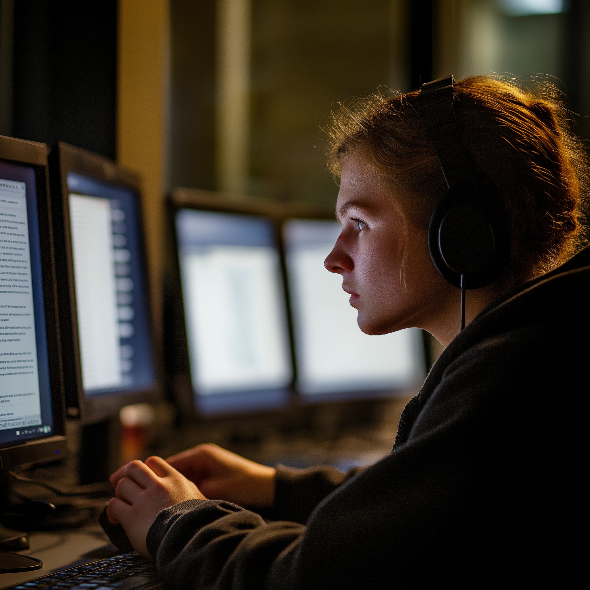 A photo of a college student working on a library computer